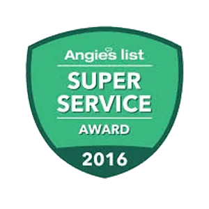 Green badge with the text "Angie's List Super Service Award 2016," highlighting excellence in solar roofing Florida services.