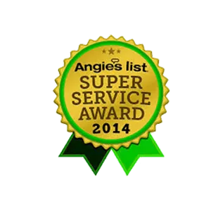 A gold and green badge reads "Angie's List Super Service Award 2014" with two green ribbons at the bottom, highlighting excellence in solar roofing Florida services.