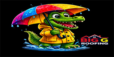 Cartoon alligator in a yellow raincoat holding a colorful umbrella, standing in a puddle next to the "Big G Roofing" logo—perfect for a Roofing Template Kit designed with Elementor Pro.