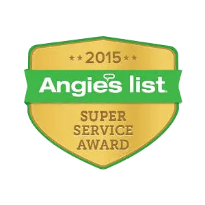 Gold and green badge displaying "2015 Angie's List Super Service Award," recognizing excellence in solar roofing Florida services.