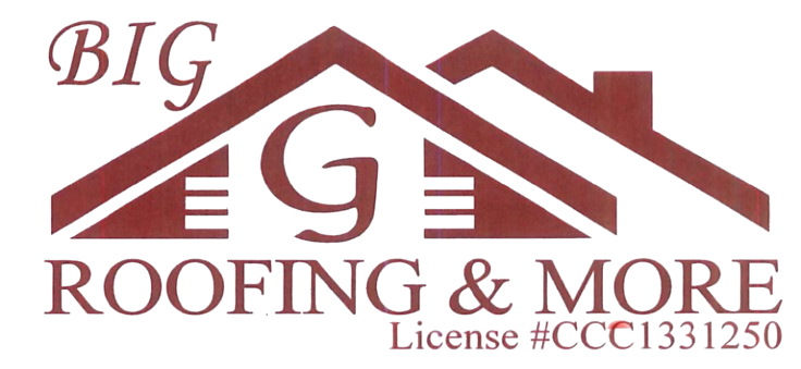 Logo for "Big G Roofing & More" featuring stylized rooftops, their license #CCC1331250, and perfect for use in an Elementor Pro Template Kit.