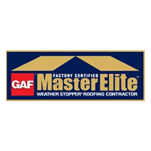GAF Master Elite logo with gold roof design, red GAF box, and text reading “Factory Certified Weather Stopper Roofing Contractor—trusted for solar roofing Florida.”.