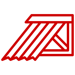 Red outlined icon of a slanted roof or awning structure with supporting frame and diagonal beams, viewed from the side—a classic symbol for Florida roofing experts.