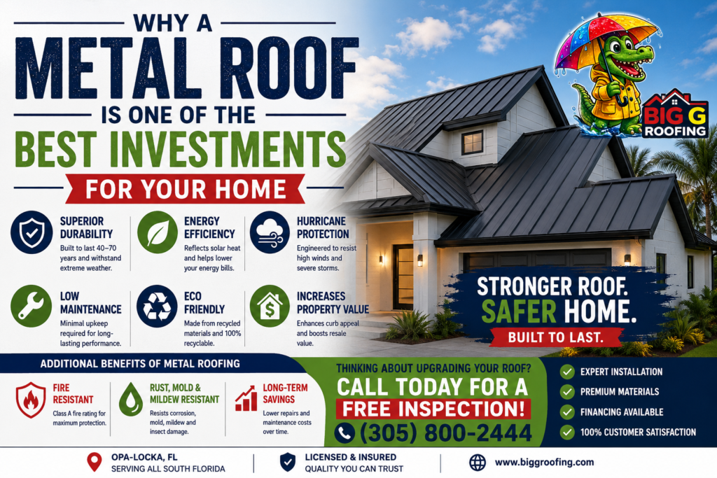 Infographic promoting a metal roof as one of the best investments for your home, listing benefits like durability, energy efficiency, and safety. Includes company contact info and a house image.