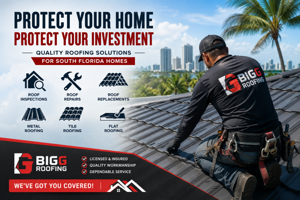 A roofer installs tiles on a roof with a city skyline in the background; roofing services and company details are listed on the left, highlighting summer roof maintenance tips and the importance of scheduling a roof inspection South Florida homeowners can trust to protect your roof year-round.