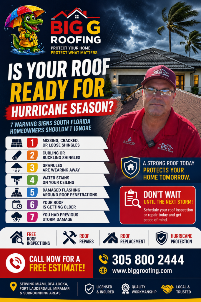 Promotional flyer for Big G Roofing highlights roof warning signs, hurricane season readiness, how to get your Roof Ready for Hurricane Season, free estimates, and contact information for roof repairs or replacement in South Florida.