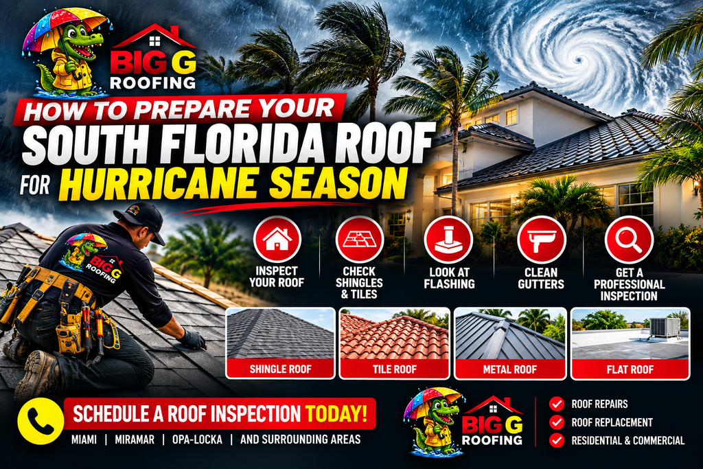 Big G Roofing ad with hurricane-themed graphics, a worker on a roof, a house, different South Florida roof types, and a checklist for proper roof preparation before hurricane season.